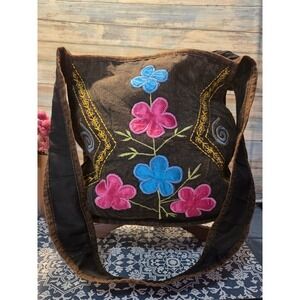 Boho Embroidered Shoulder Bag Dark Brown Floral Design Crossbody